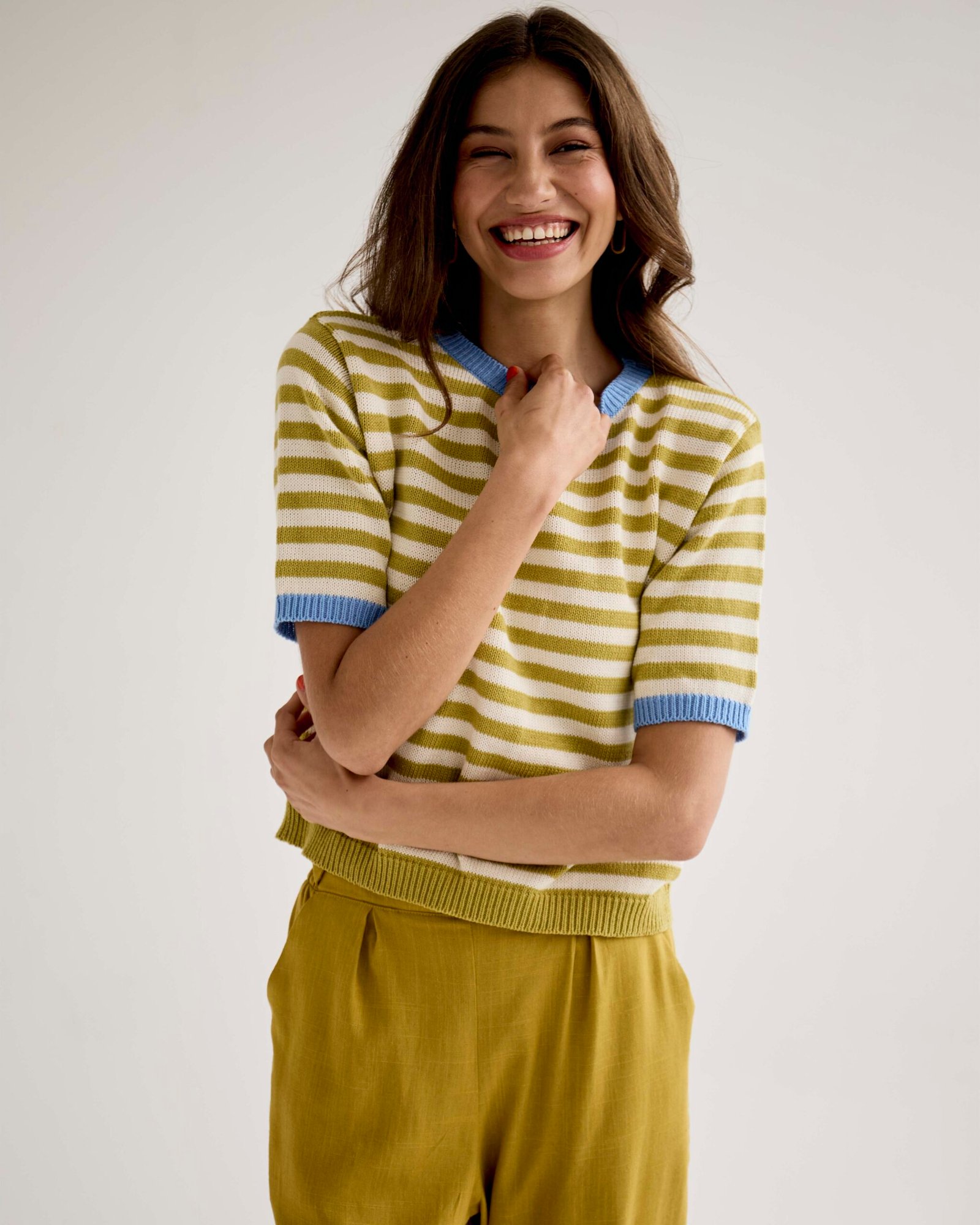 Stripy Knitted Tee- Chartreuse & White
